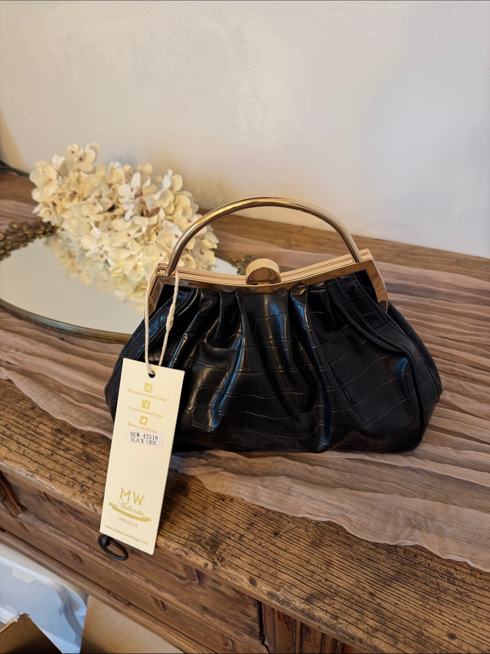 Madison West Black Croc-Embossed Frame Top-Handle Clutch with Gold Hardware